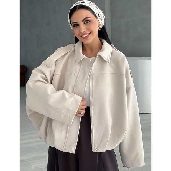 Women's Faux Suede Bomber Jacket Oversized Long Sleeve Zip Up Cropped Beige - Picture 2 of 6